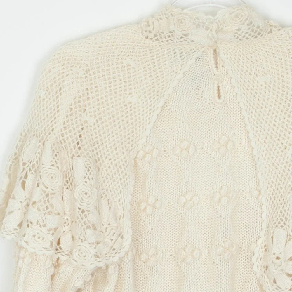 Catharine Lover‎ Womens Hand Knitted Victorian Style Wool Sweater Size L Ivory